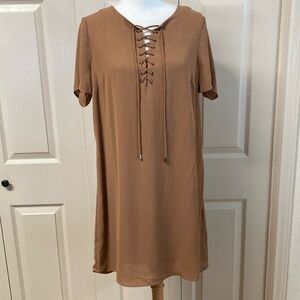 Daniel Rainn Tan Short Sleeve Sheath Dress with Slip Above the Knee Sz M